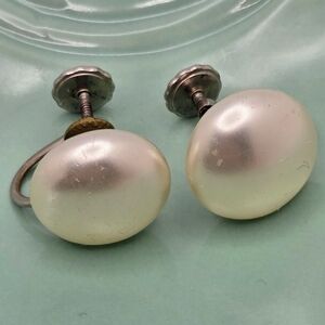 Vintage Glass Pearl Earrings Screw Back Signed Silver Plated